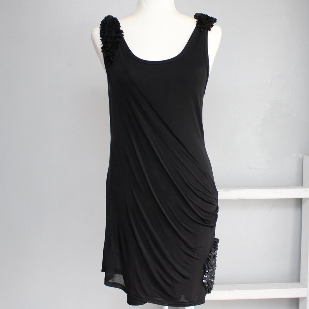 Alicia + Olivia Black Draped Overlay Sequin Scoop Neck Mini Party Dress Small
